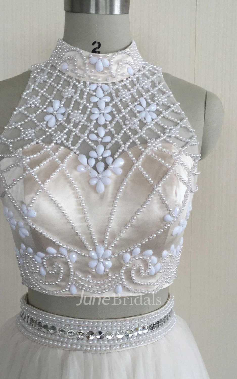 Two Piece High Neck Sleeveless Tulle Dress With Beading