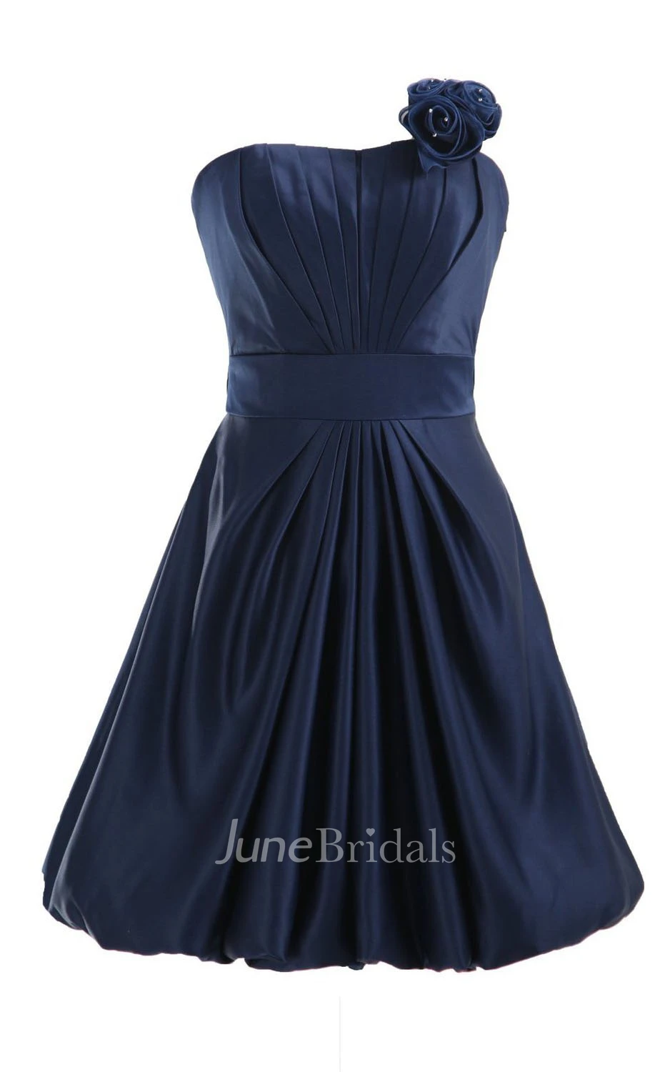 Strapless Appliqued Ruched Bodice Short Pleated Satin Dress