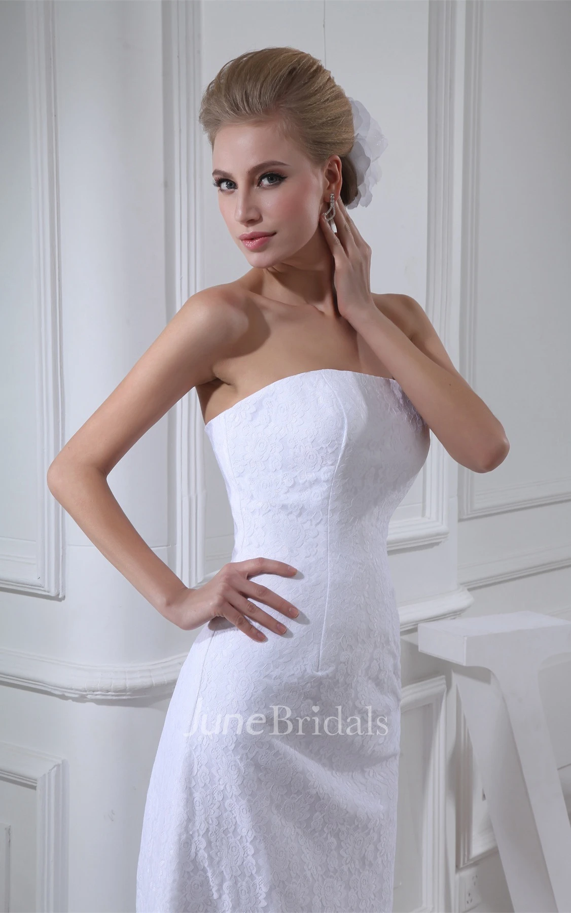 Strapless Sheath Maxi Lace Dress with Brush Train