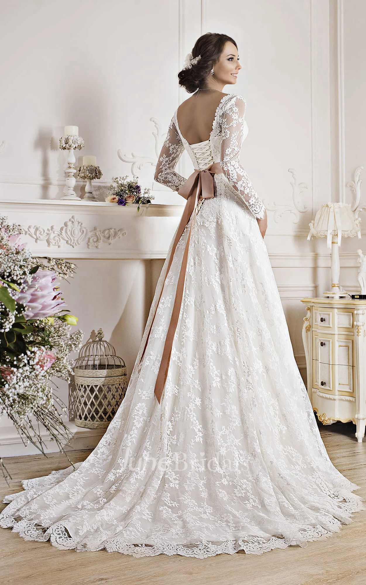 A-Line Floor-Length V-Neck Illusion-Sleeve Corset-Back Lace Dress With Appliques And Bow