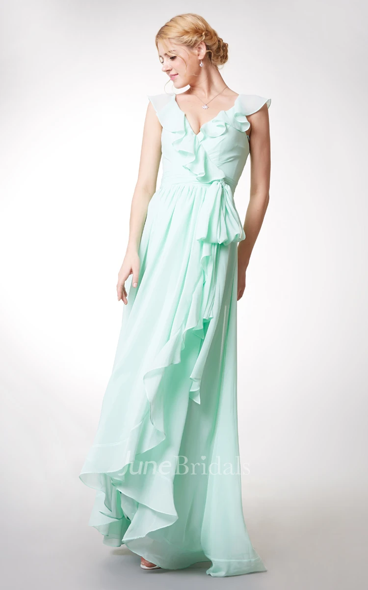 Cap-sleeved Asymmetric Ruffled Long Chiffon Dress With Sash