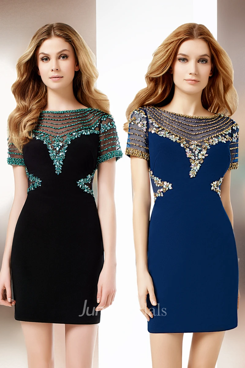 Pencil Mini Short Sleeve Bateau Neck Crystal Jersey Cocktail Dress