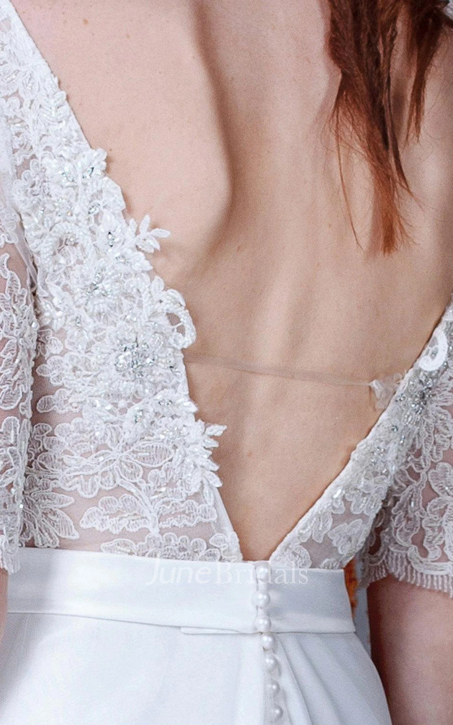 Bateau Half Sleeve Floor-Length A-Line Dress With Lace