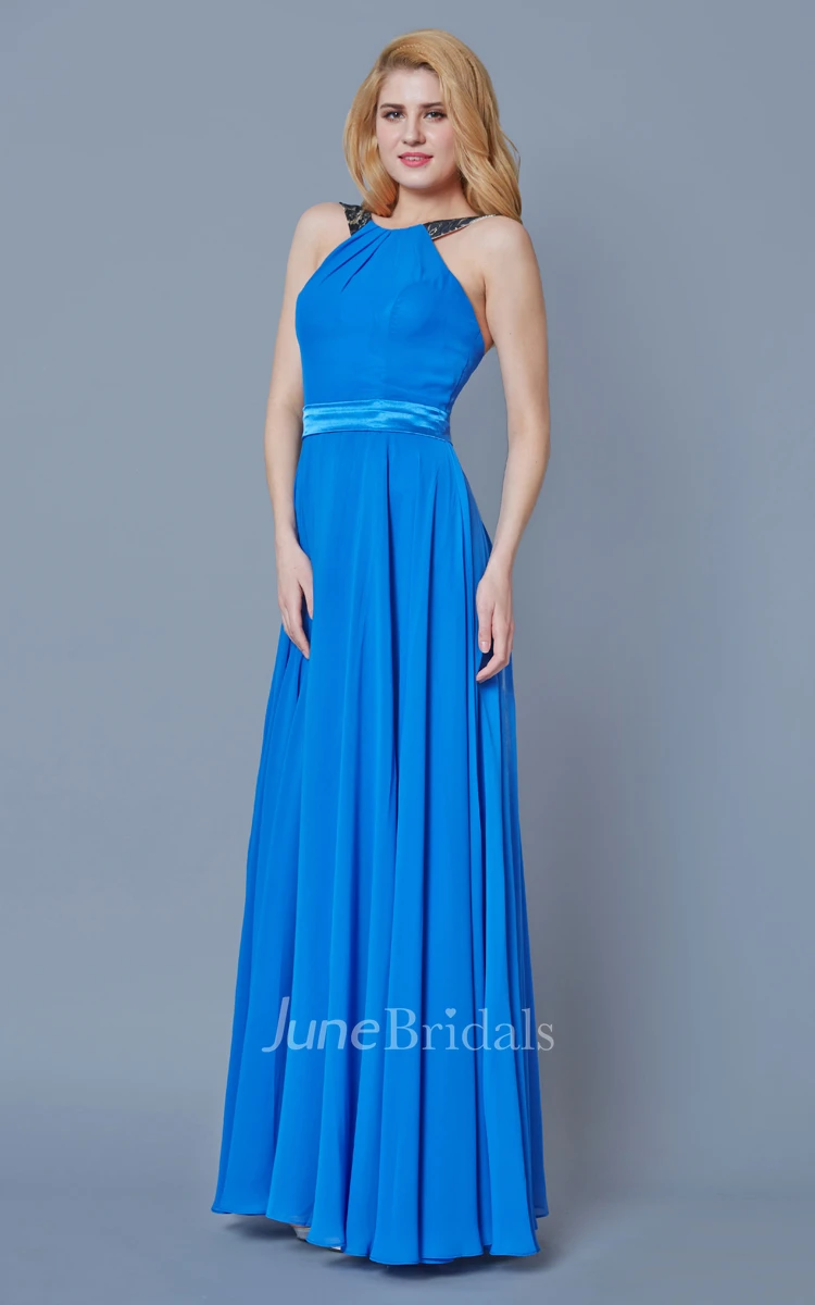 Sleeveless Long Chiffon Dress With Open Back and Lace Straps