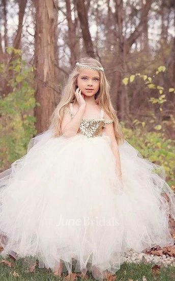 Gold Flower Girl Tutu Gold Sequin Dress With Off-the-shoulder