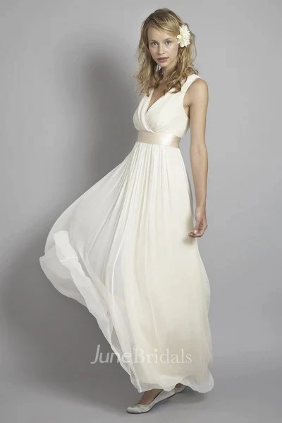 Plunging Chiffon Sleeveless Criss Cross Empire Wedding Gown With Low V-back