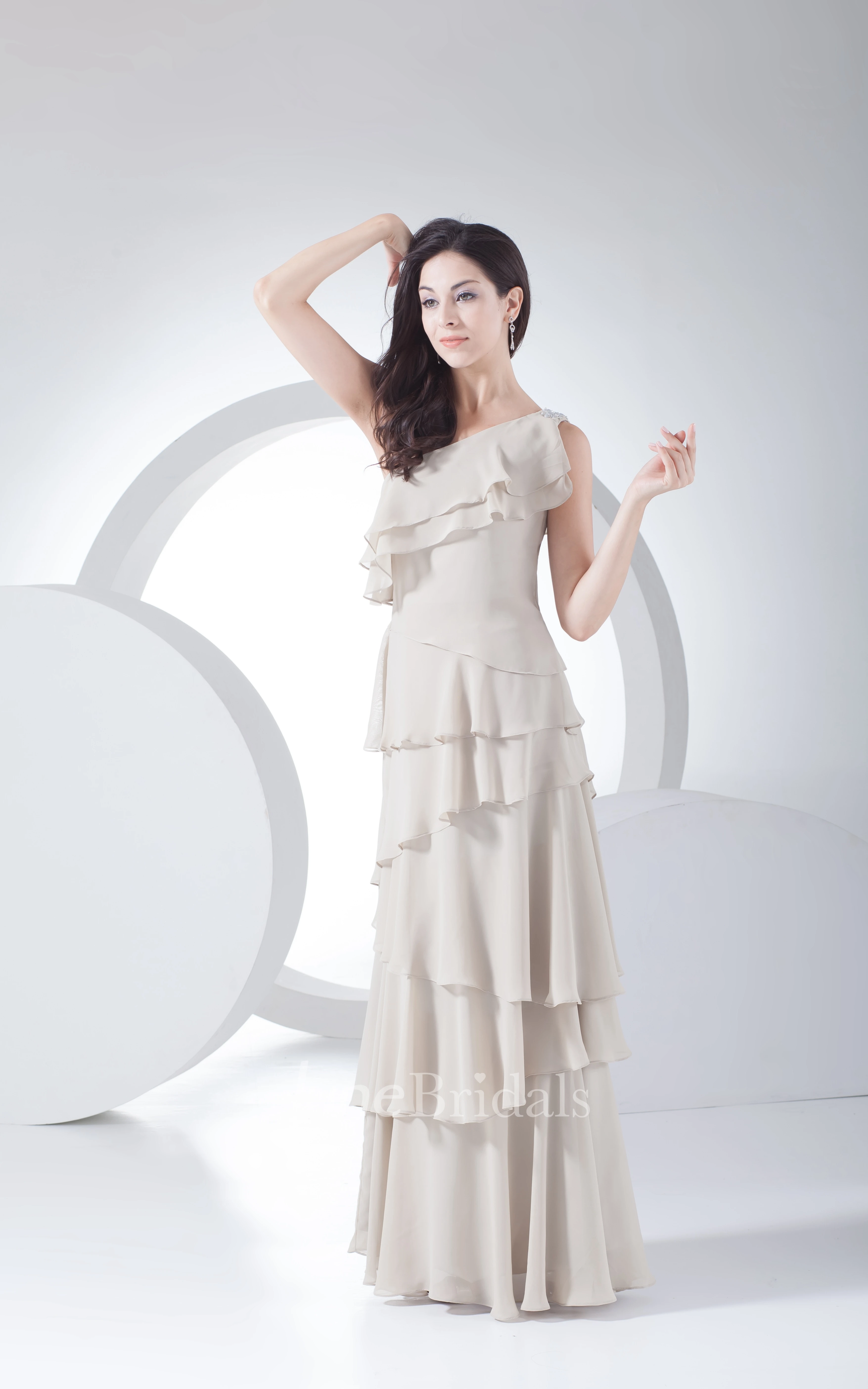 One-Shoulder Floor-Length Chiffon Dress With Tiers