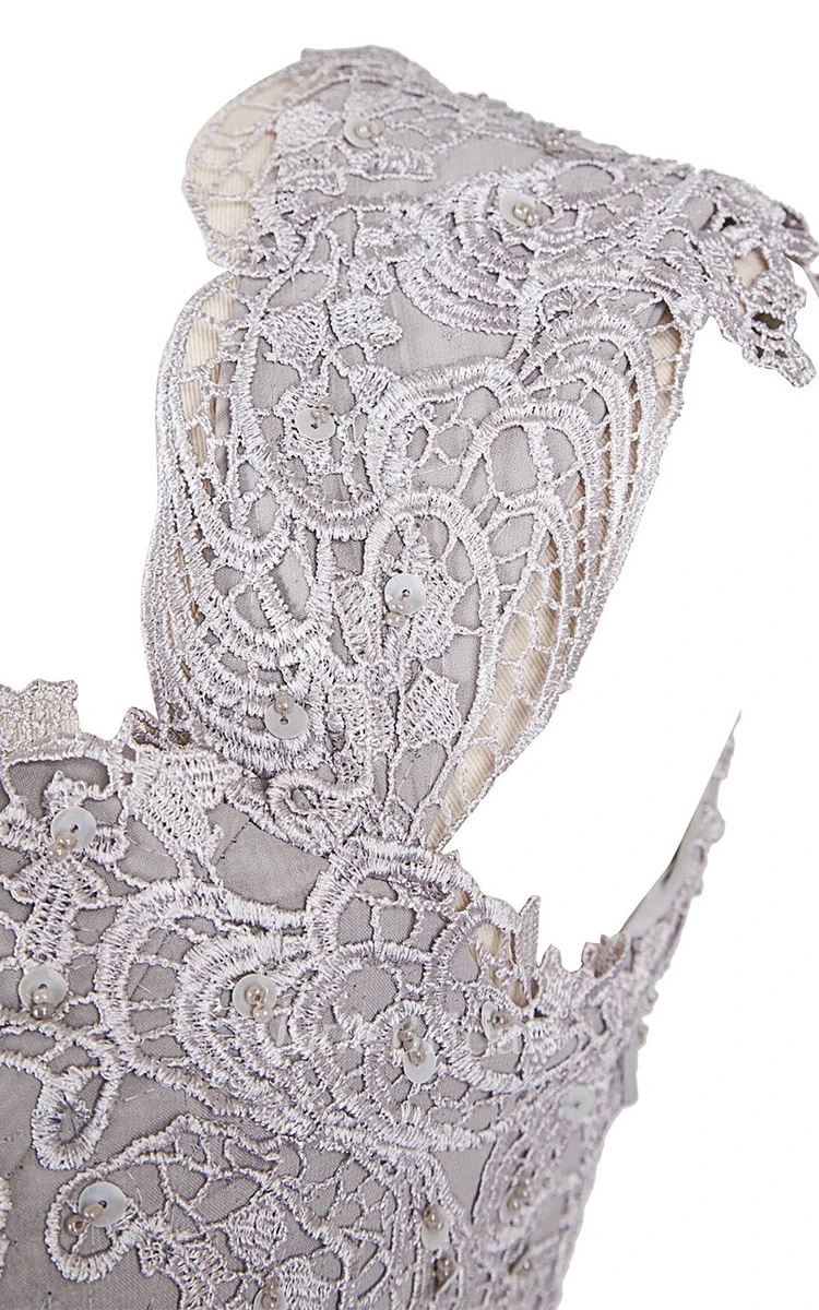 Cap-sleeve Long Dress With Lace Bodice and Sash