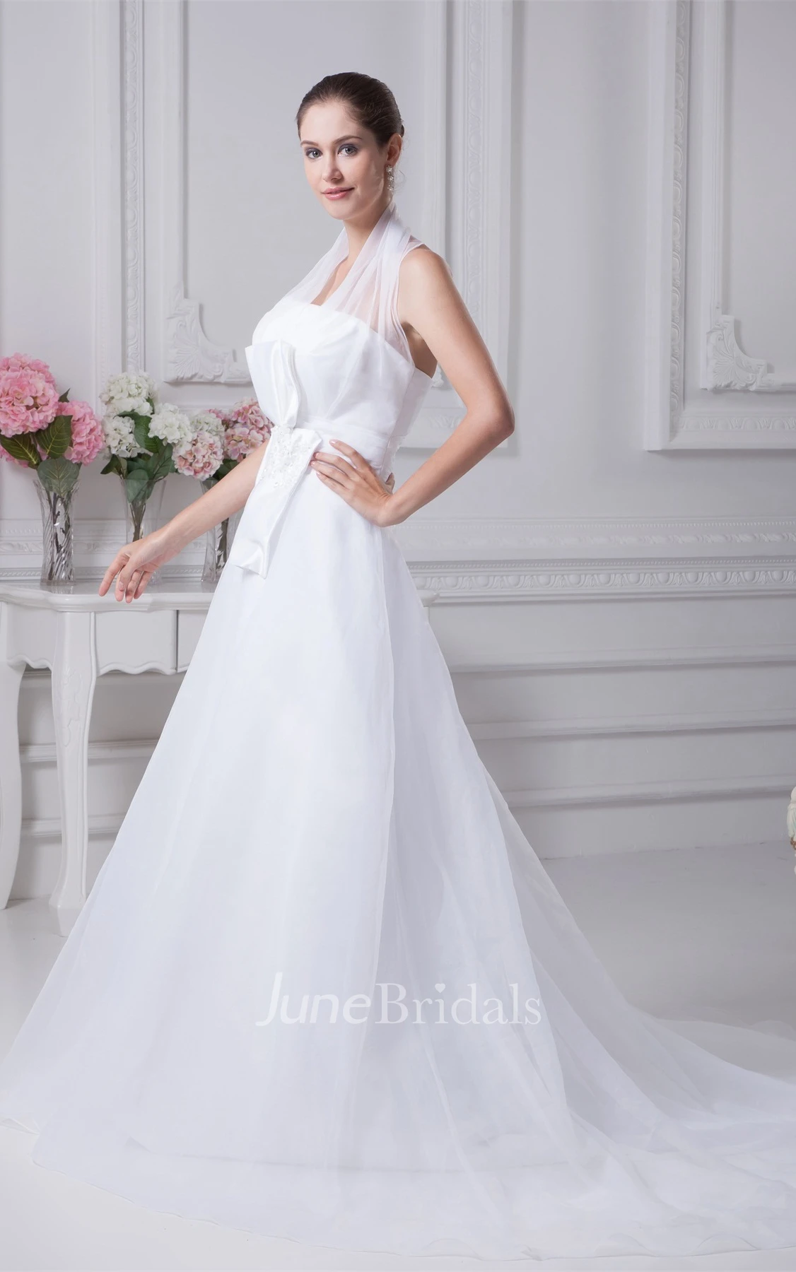 Strapless A-Line Halter Gown with Bowed Sash Zipper Back