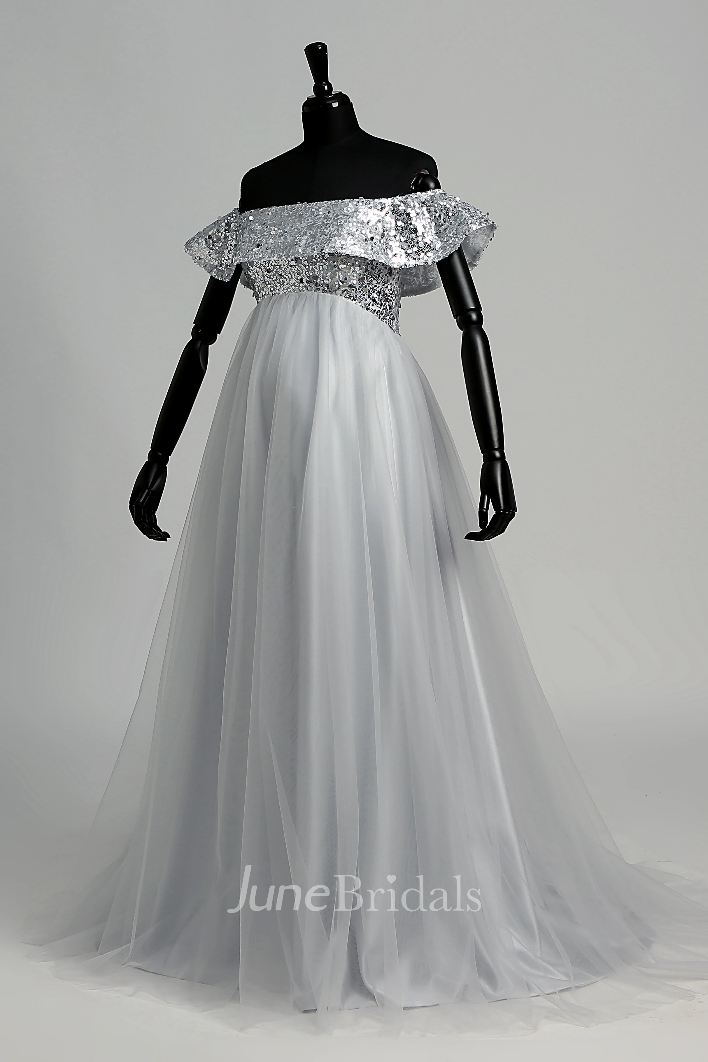 Strapless Sequined Bodice Empire Pleated Tulle Maternity Dress