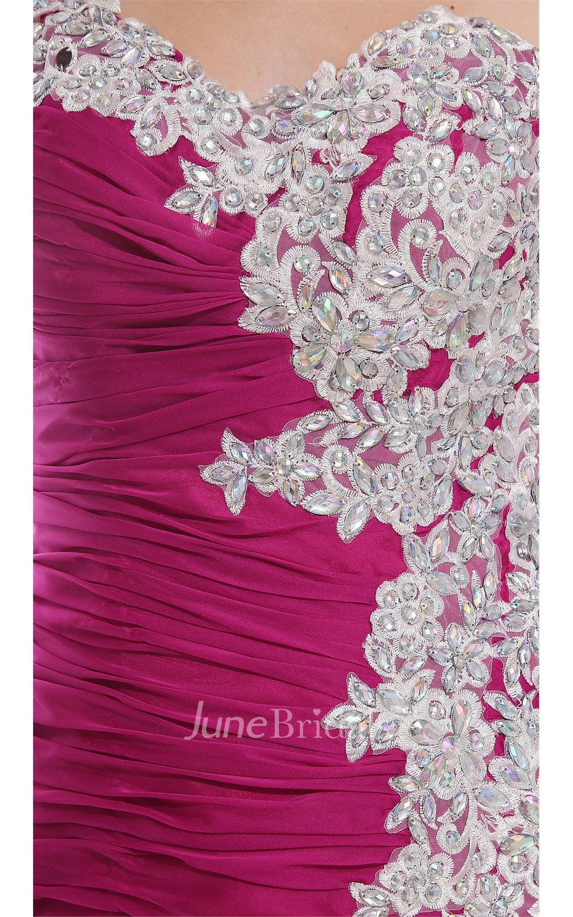 One-Shoulder Front-Split Ruched Bodice Gown with Beaded Embellishment and Zipper Back