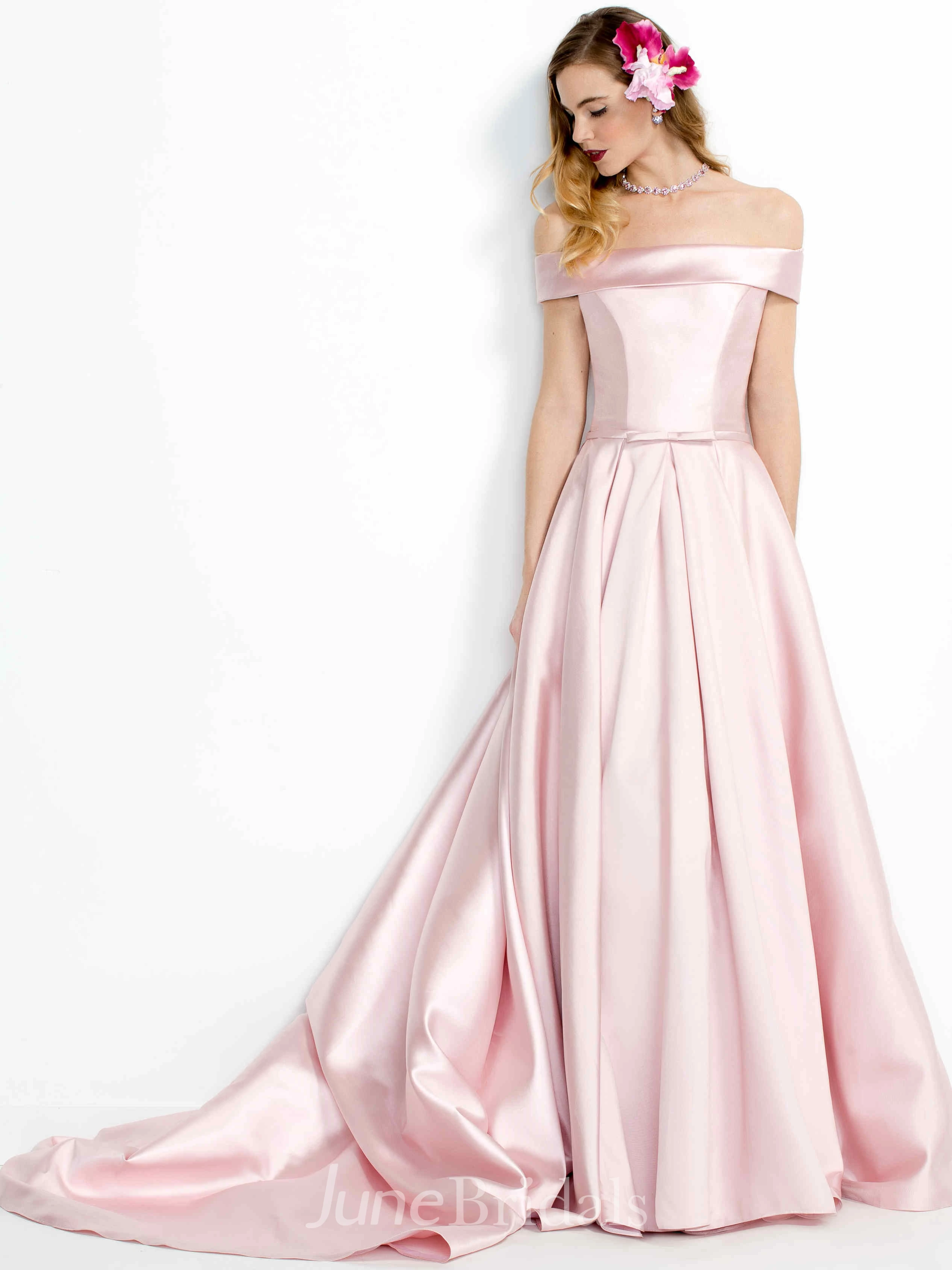 A-Line Floor-Length Off-The-Shoulder Satin Prom Dress