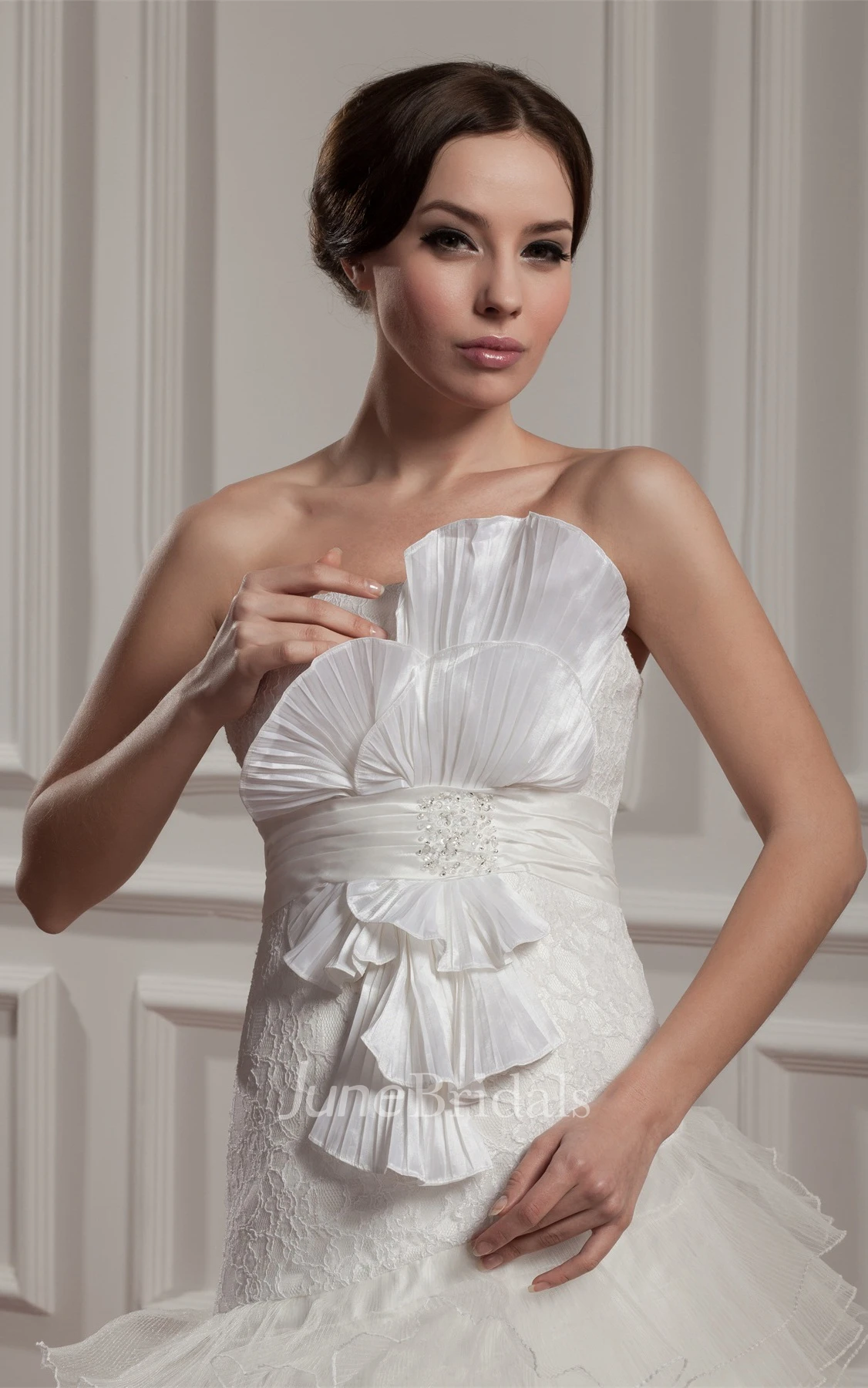 Strapless Ruffled A-Line Gown with Bow and Tiers