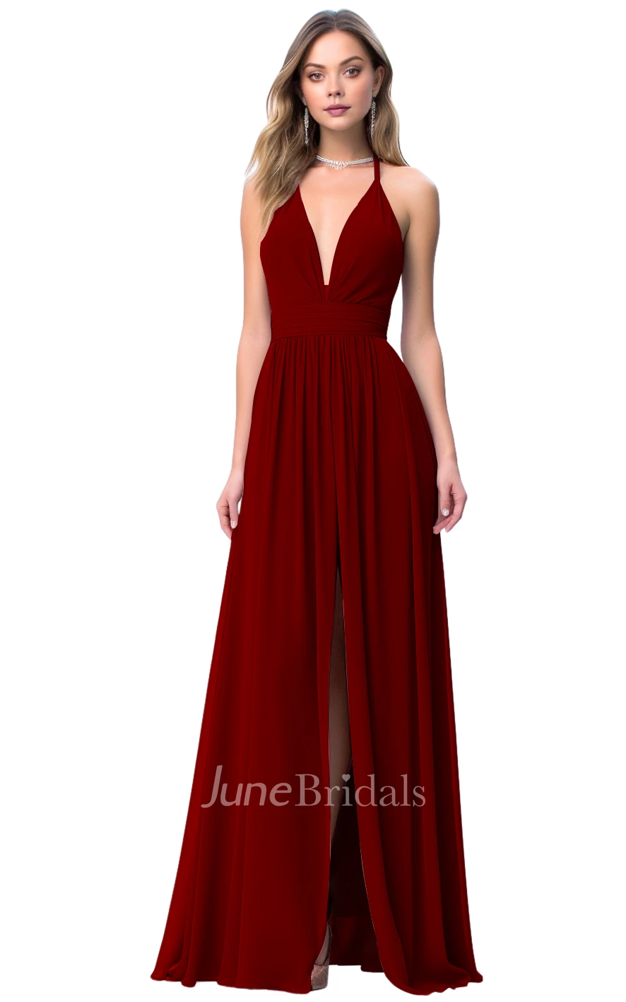 Gorgeous A-Line Plunging Neck Bridesmaid Dress with Split Front