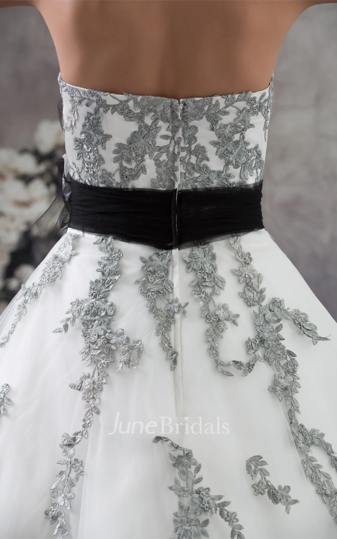 Strapless Appliqued Ball Gown with Flower and Tulle Overlay