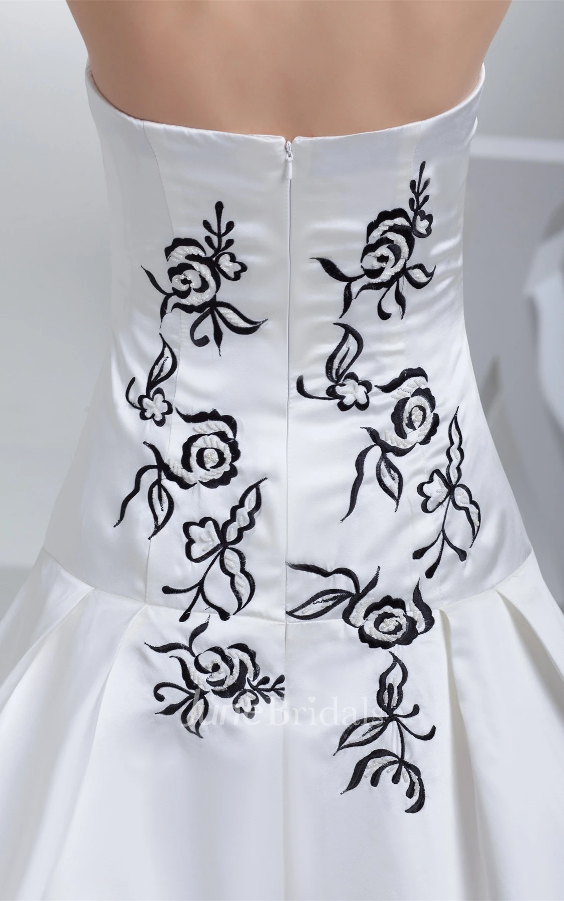 Strapless Embroidered Satin Ball Gown with Ruching and Court Train