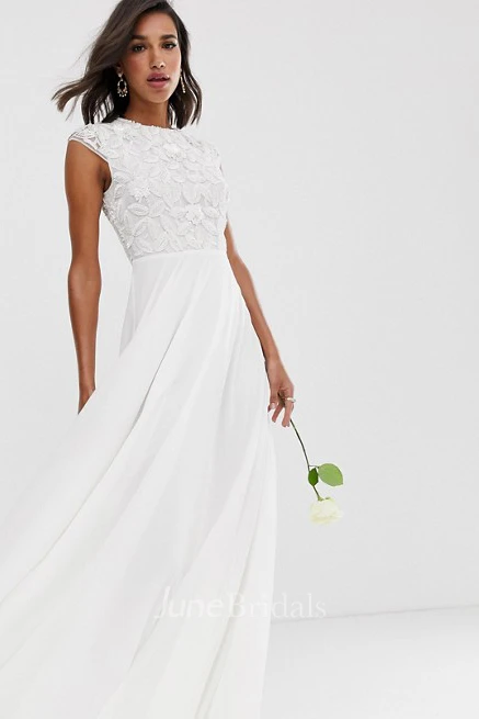 Ethereal Chiffon and Lace Sheath Cap Sleeve Wedding Dress