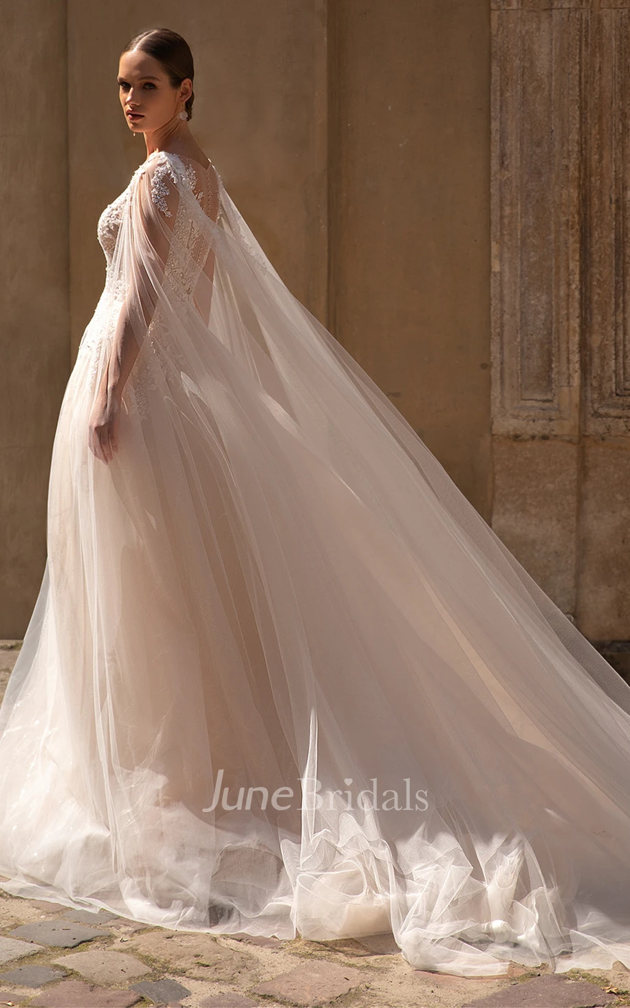 Sweep Train Simple A Line Tulle Wedding Dress with Appliques and Beading