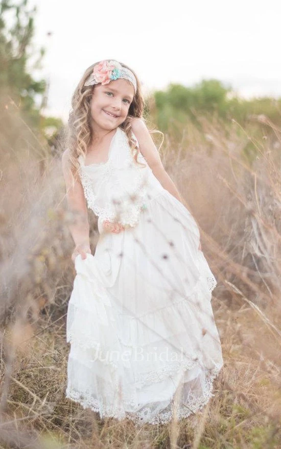 Boho Flower Girl Beach Sleeveless V-neck Lace Dress