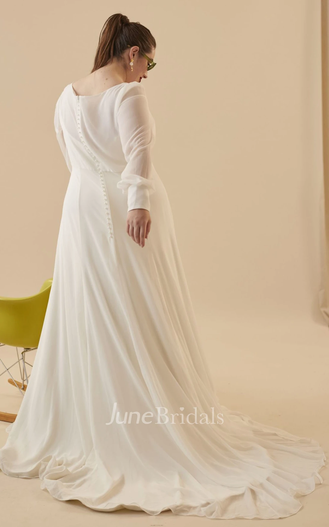 Romantic A Line Brush Train Long Sleeve Bateau Chiffon Wedding Dress