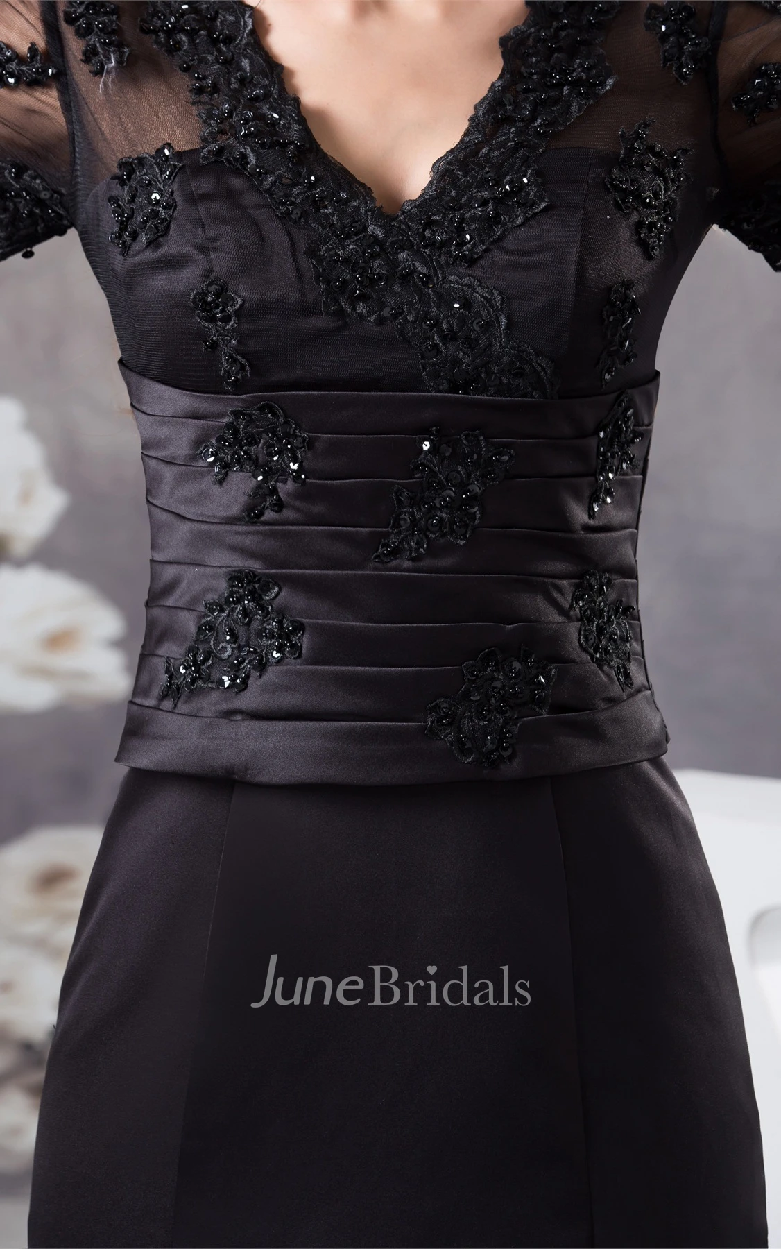 V-Neck Short-Sleeve Mermaid Satin Dress with Appliques and Illusion