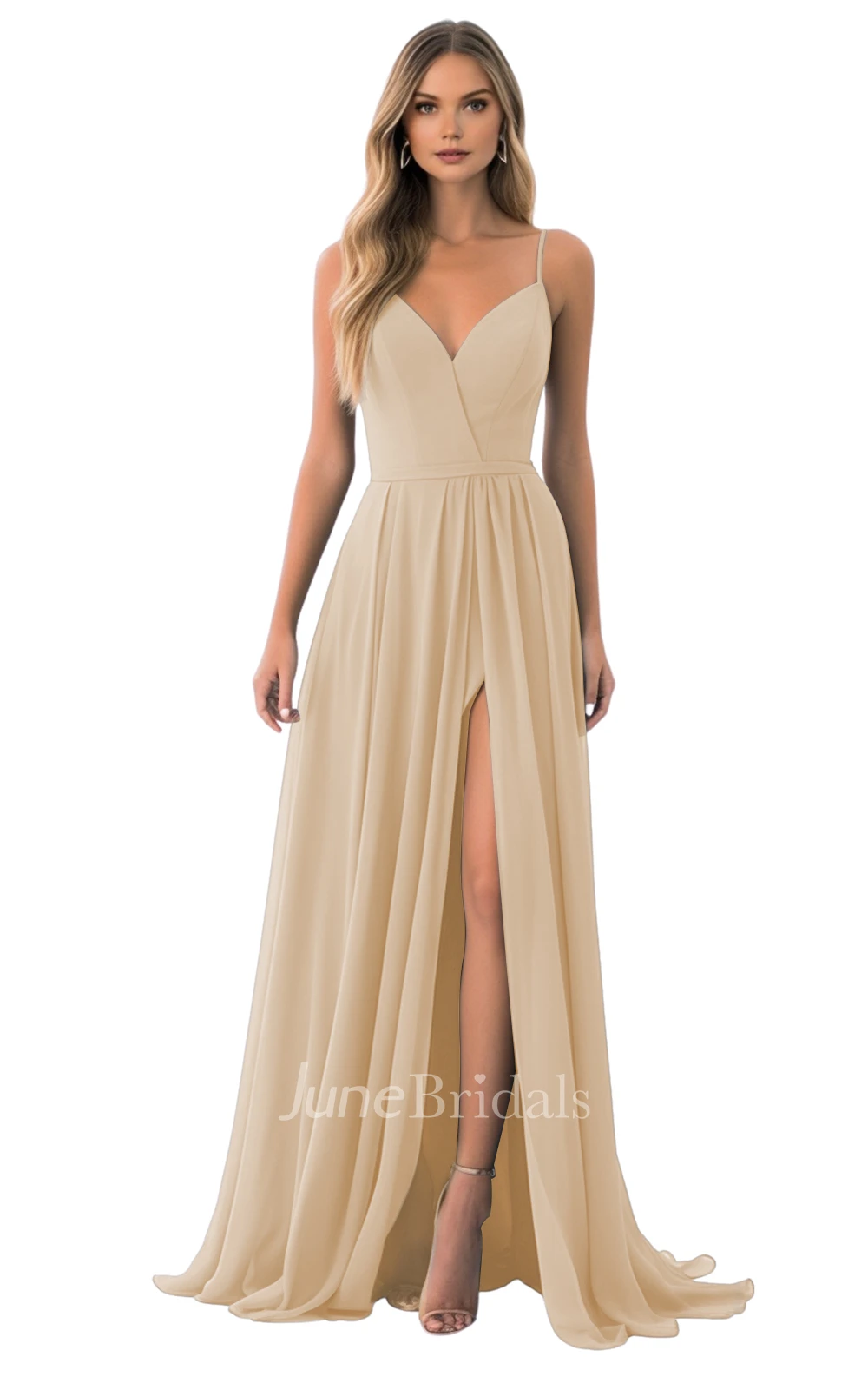 Elegant A-Line Spaghetti Chiffon Bridesmaid Dress with Split Front