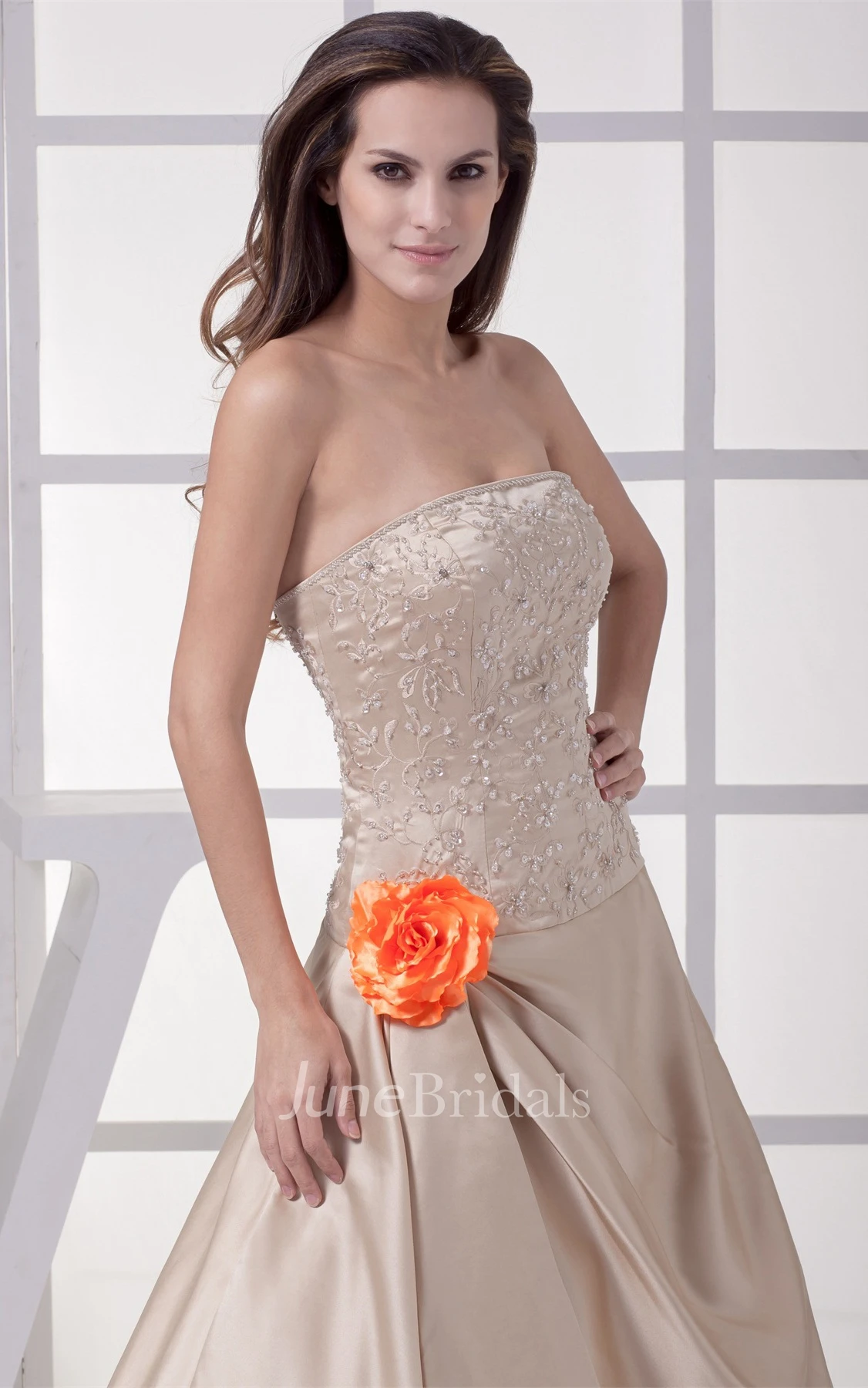 Strapless Side Draping A-Line Bodice Gown with Flower and Beading Embellishment