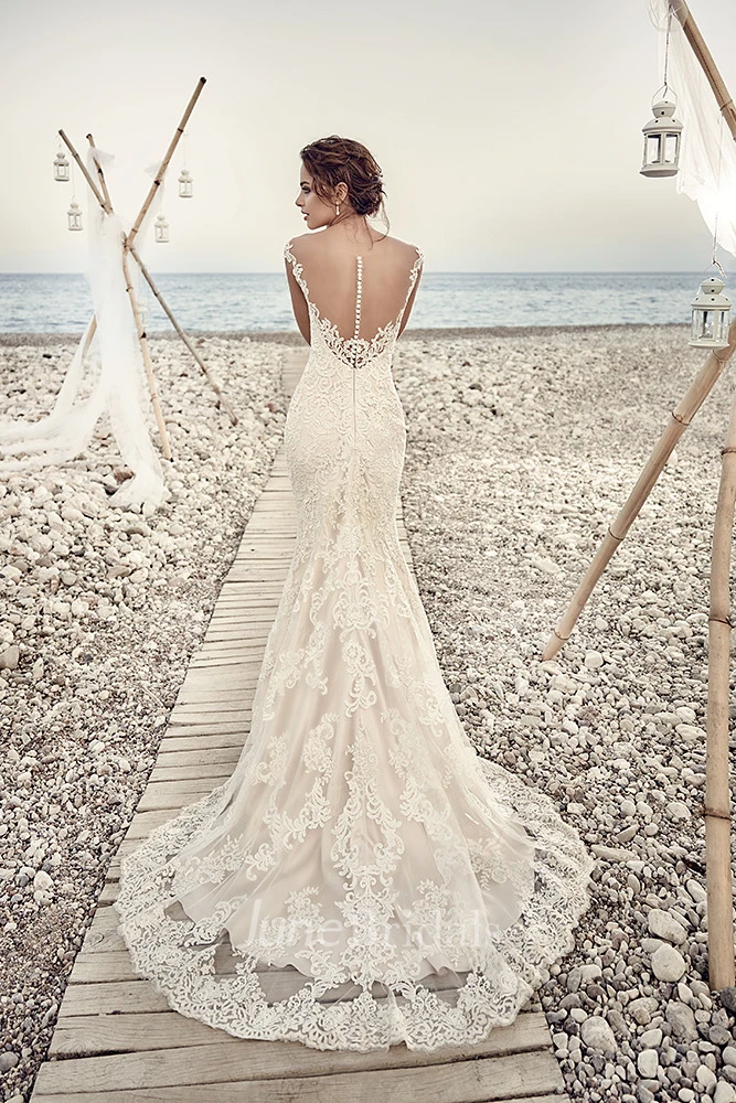 Sheath Cap-Sleeve V-Neck Floor-Length Lace Wedding Dress With Appliques And Illusion