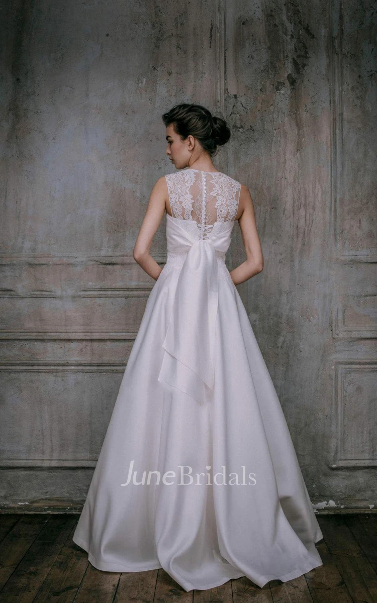 A-Line Scoop Sleeveless Satin Lace Dress With Illusion Back