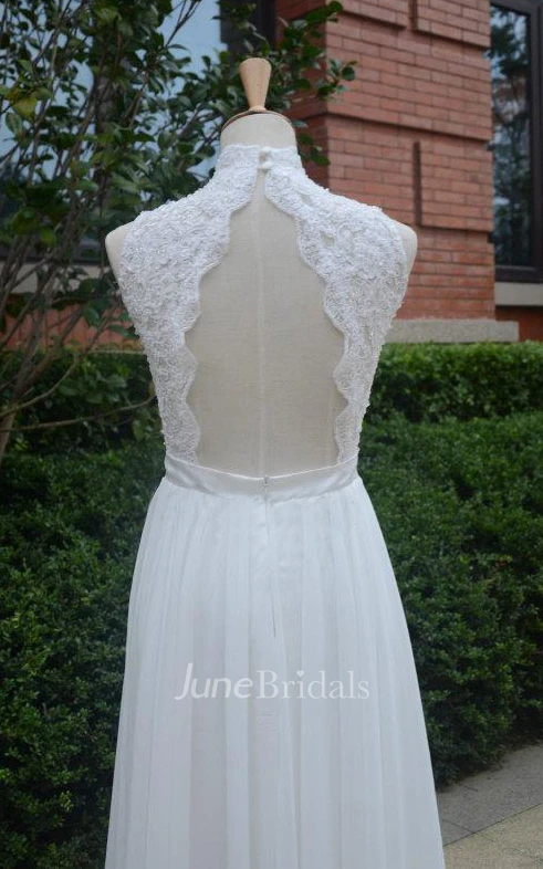 Long Chiffon Lace Weddig Dress With Beading Keyhole Back