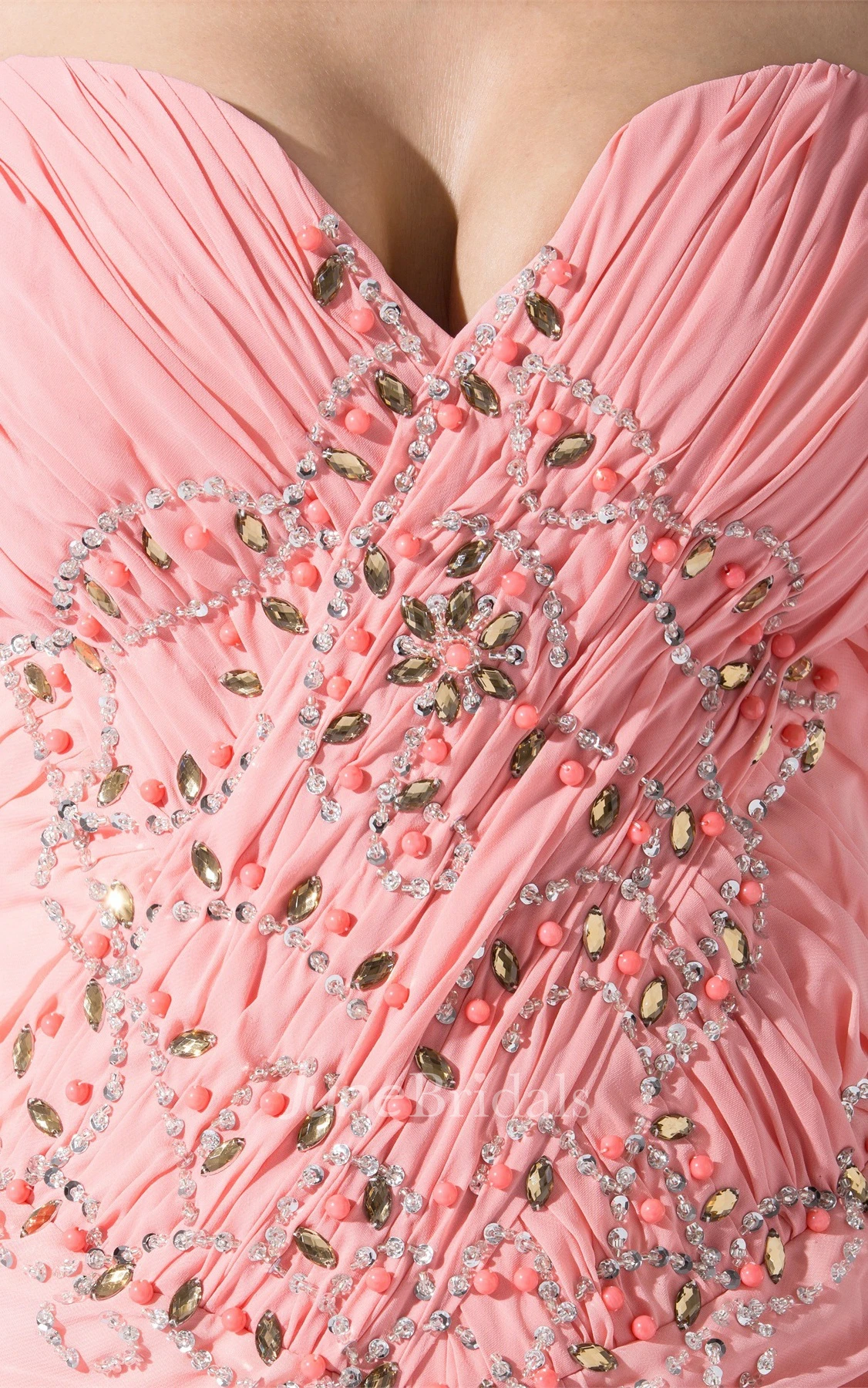 Ruched Sweetheart A-Line Front-Split Dress with Beadings and Court Train