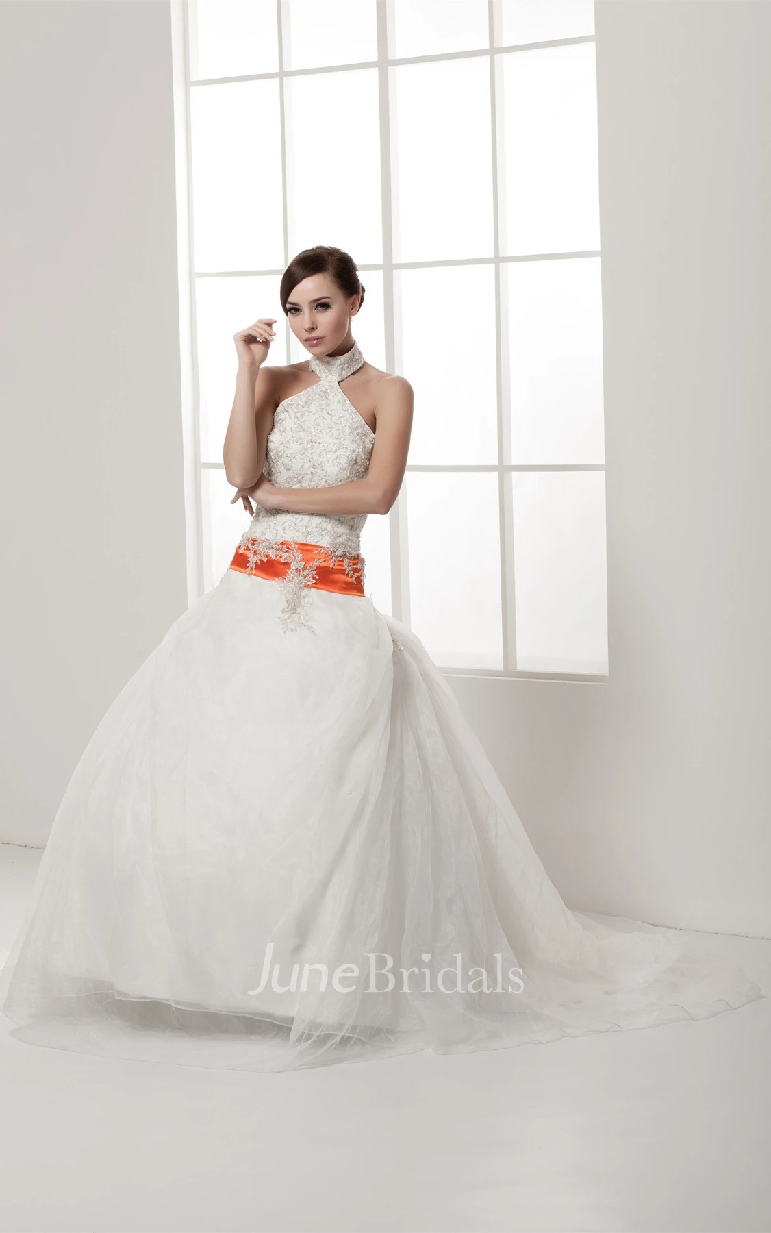 Sleeveless A-Line Pick-Up Gown with Collar and Appliques