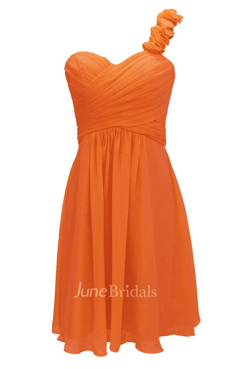 Floral One-shoulder Pleated Short Dress With Lace-up Back