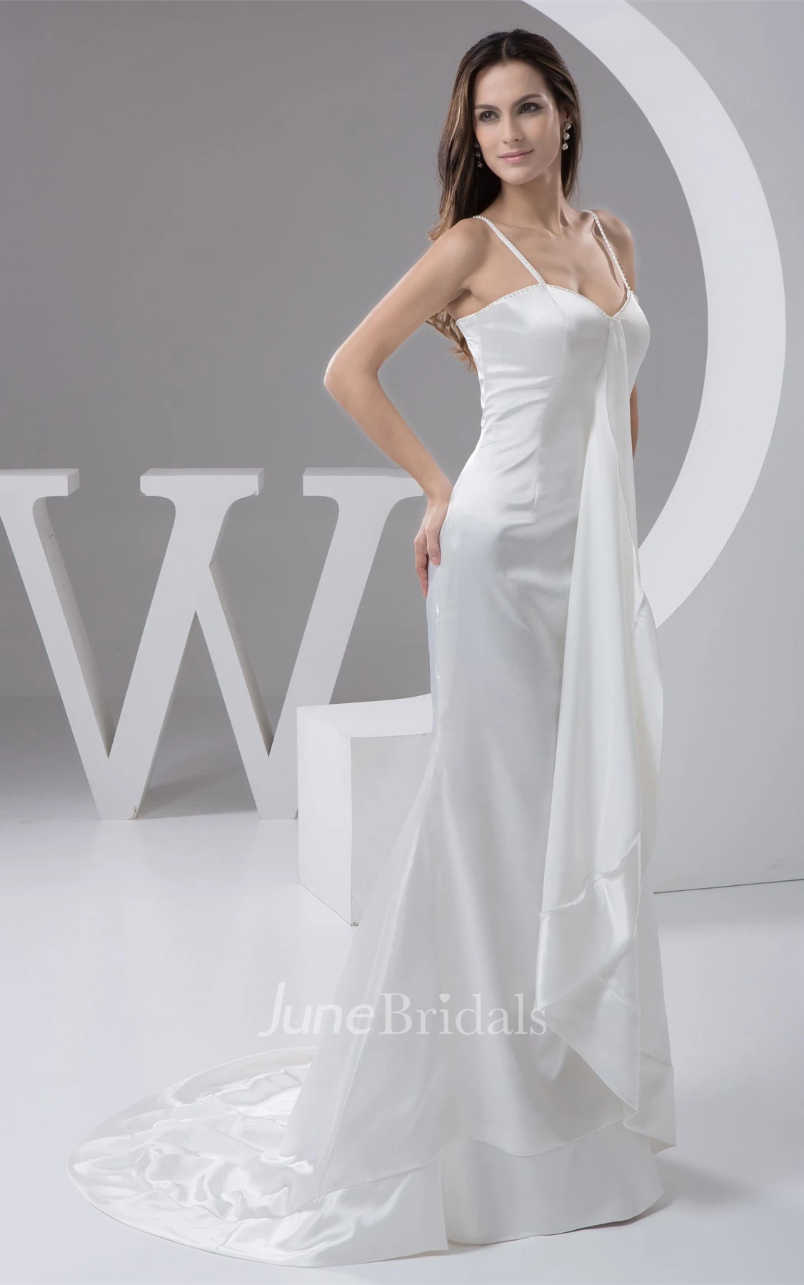 Spaghetti-Straps Satin Sheath Dress with Draping and Sweep Train