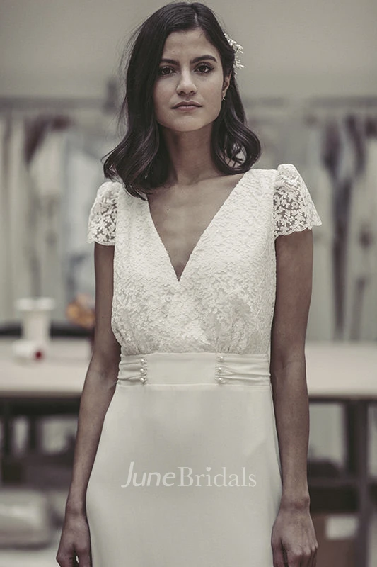 Plunging Cute Puff Sleeve Open Back Bridal Gown With Lace And Satin