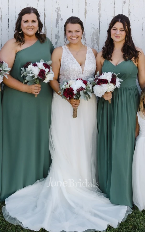 Tulle Plunging Neckline A-Line Simple Sexy Spring Wedding Dress With Low-V Back And Appliques