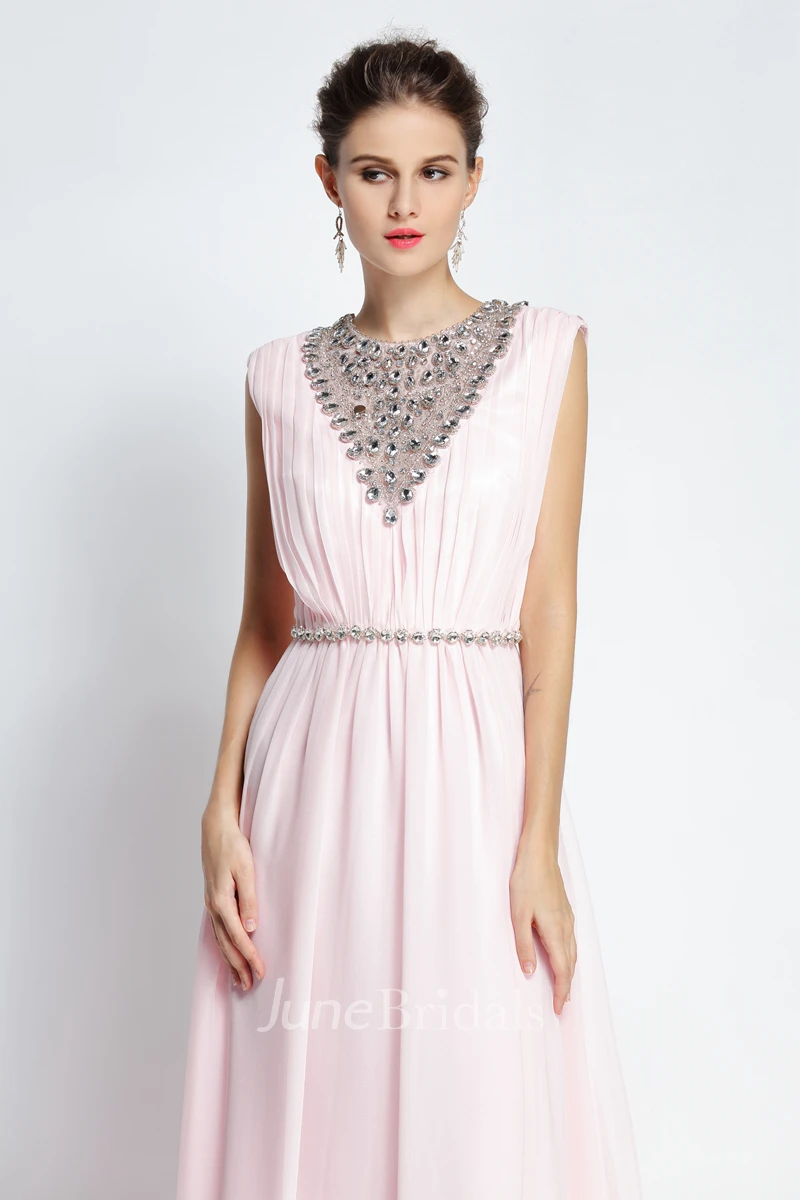 A-Line Jewel Sleeveless Floor-length Chiffon Prom Dress with Beading and Low-V Back