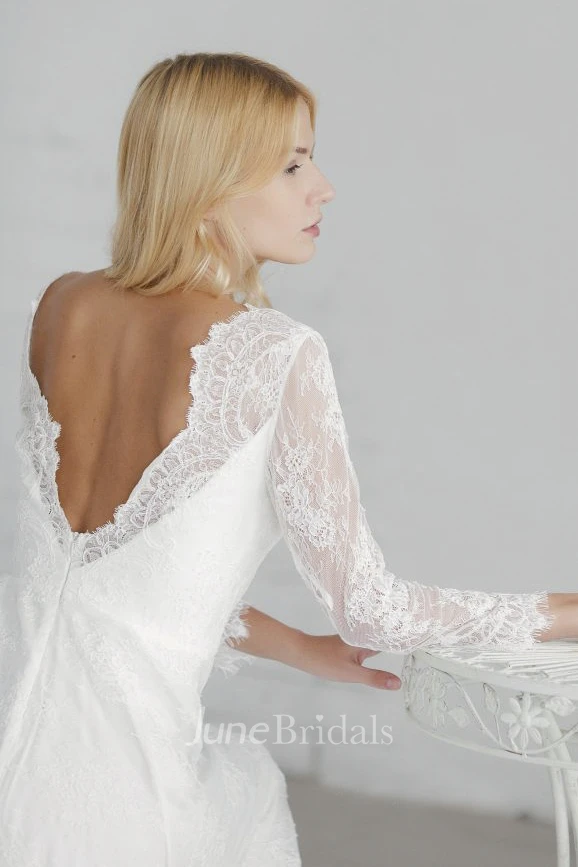 Lace A-line Elegant Long Sleeve Wedding Dress With V-neck And Deep V-back
