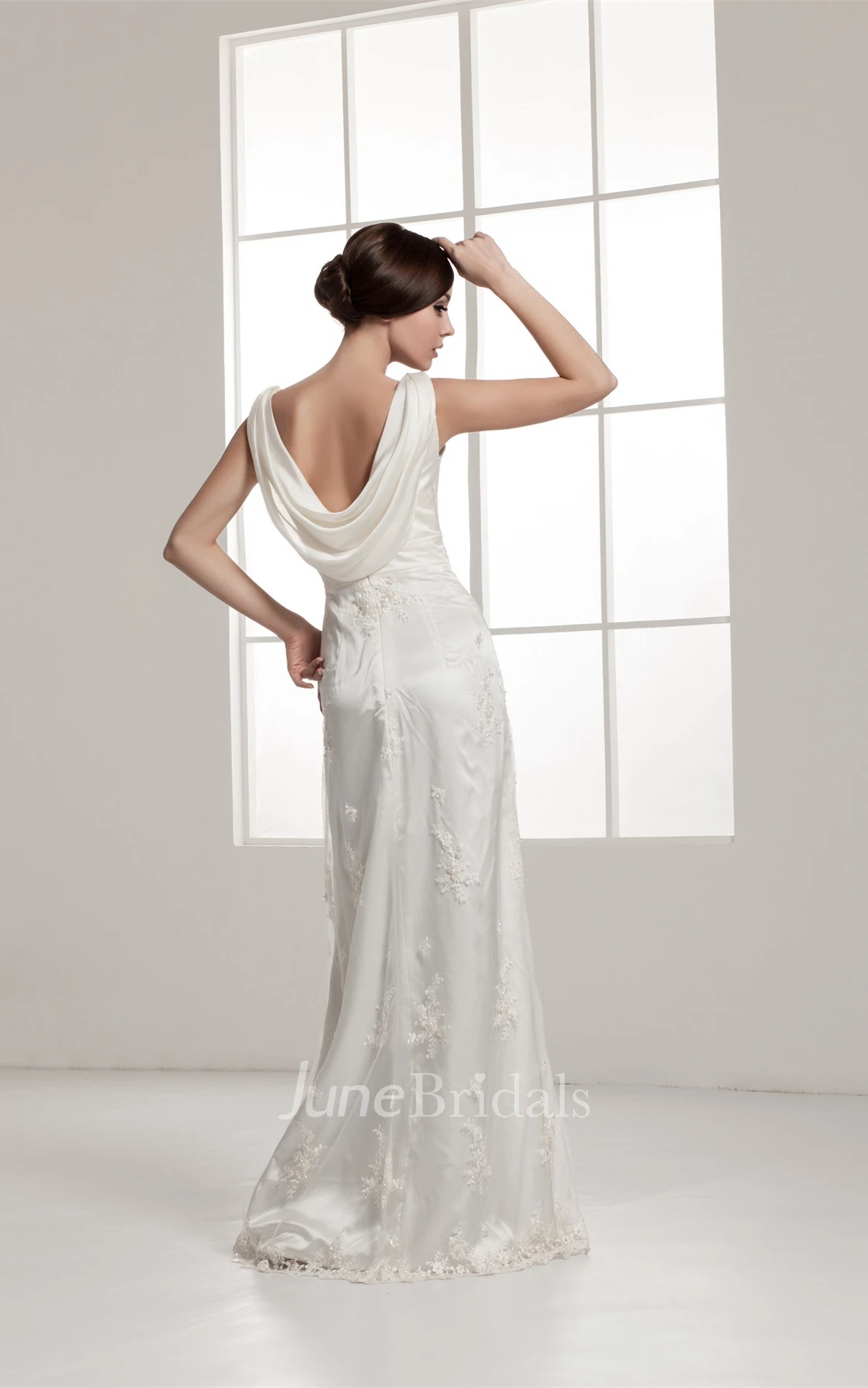 Deep-V-Neck Sheath Floor-Length Dress with Appliques and Ruching