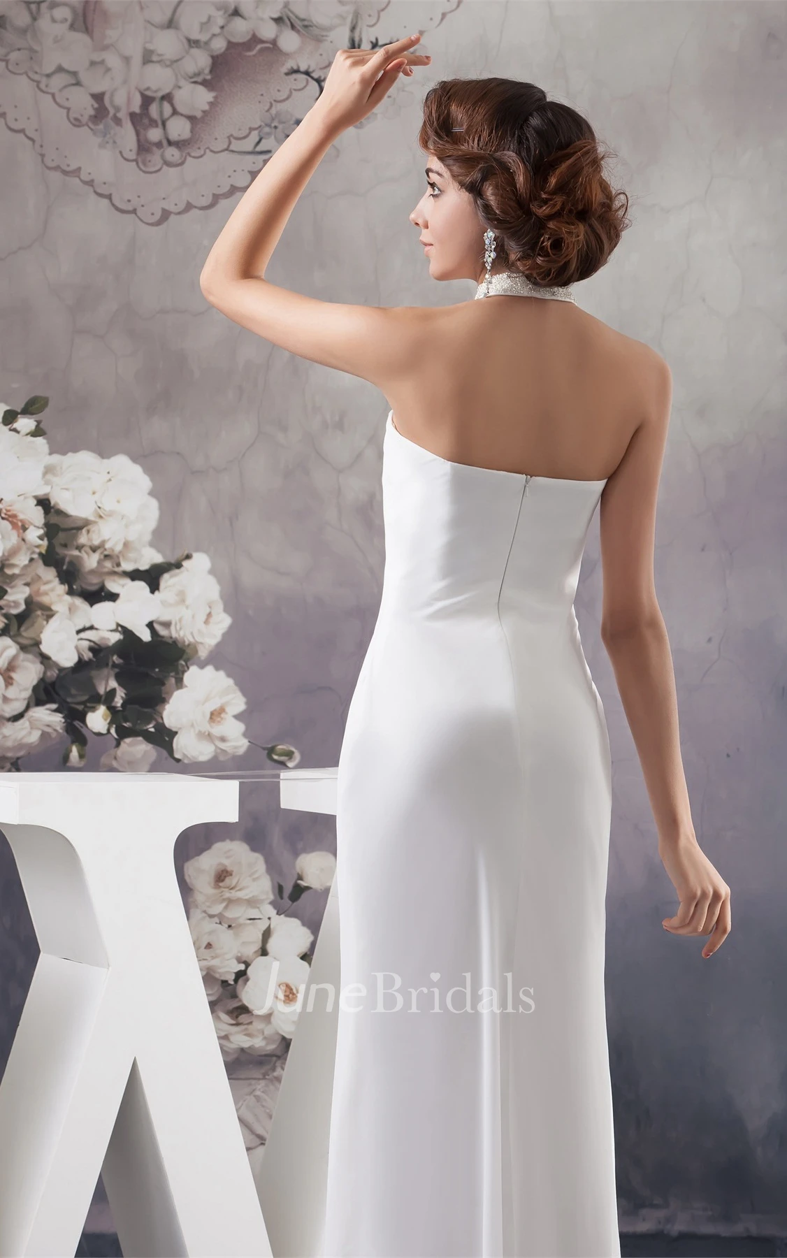 Notched Ankle-Length Chiffon Dress with Beading and Halter