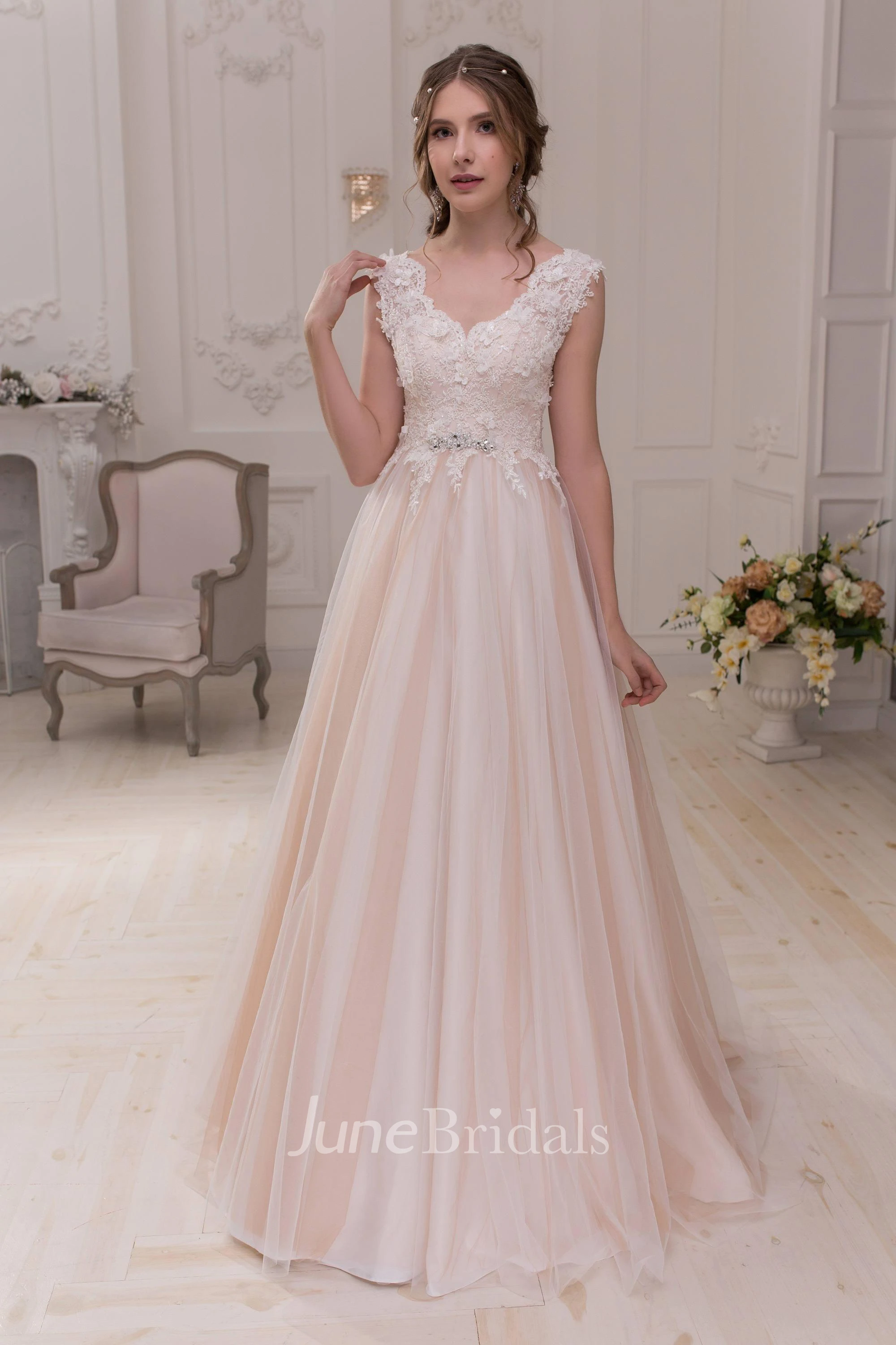 Plunged Sleeveless A-Line Tulle Satin Wedding Dress With Beading And Appliques