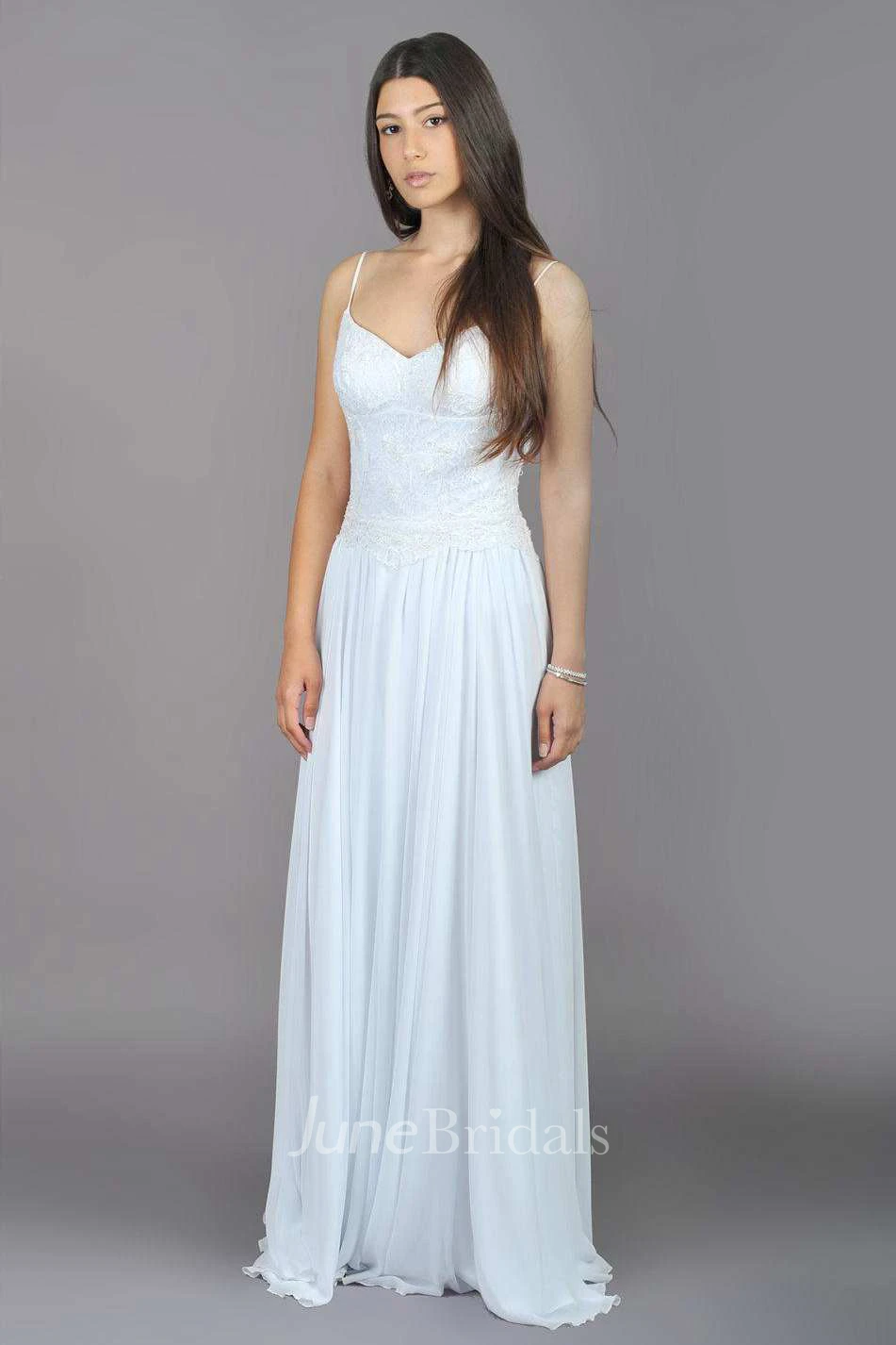 Spaghetti Sleeveless Chiffon Long Backless Dress With Lace And Zipper