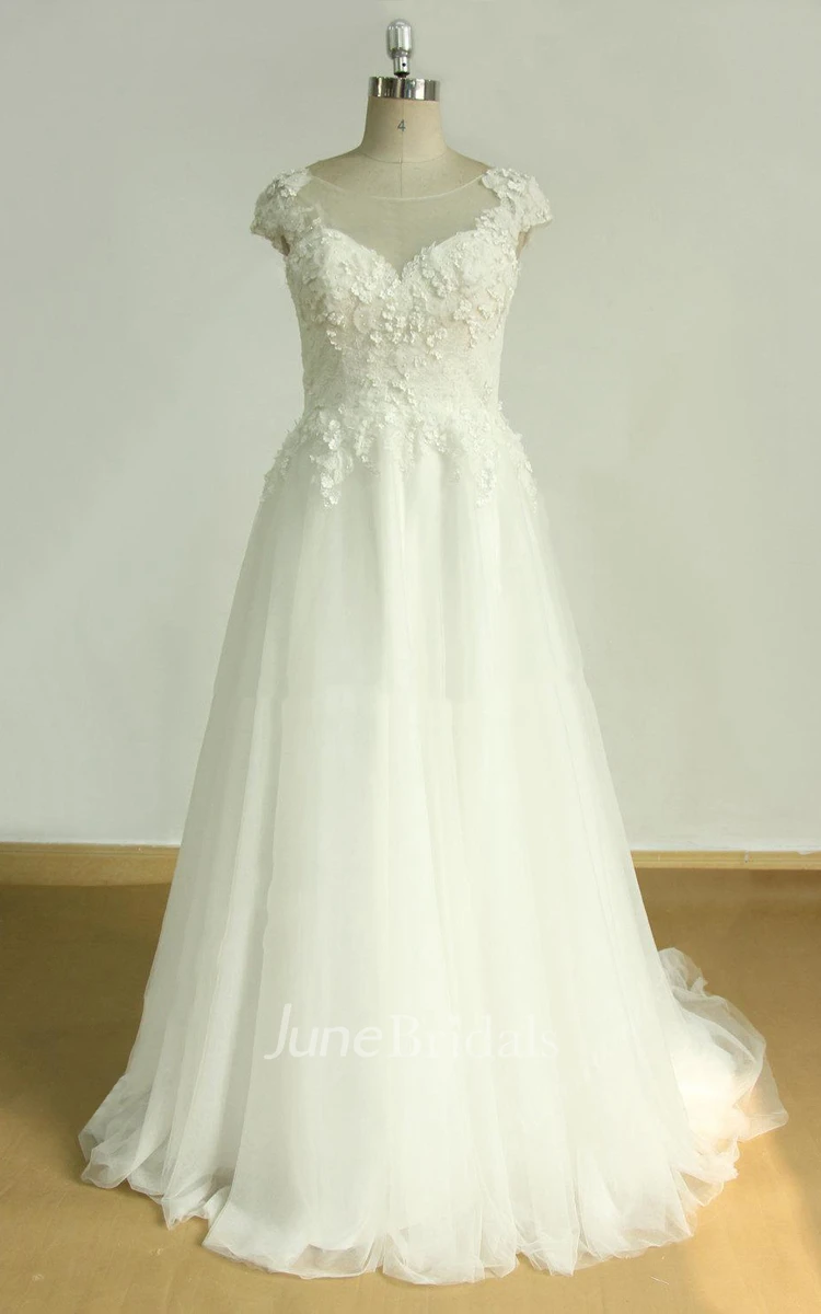 A-Line Tulle Lace Satin Weddig Dress With Flower
