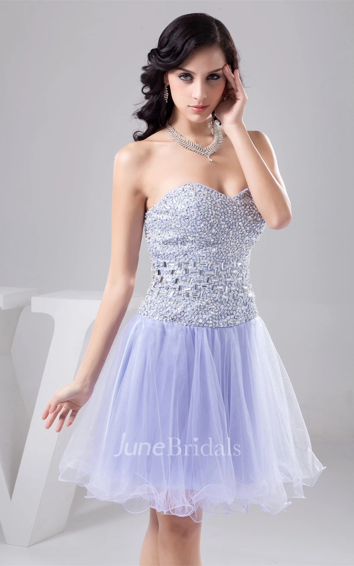 Sweetheart Jeweled A-Line Mini Dress with Pleats