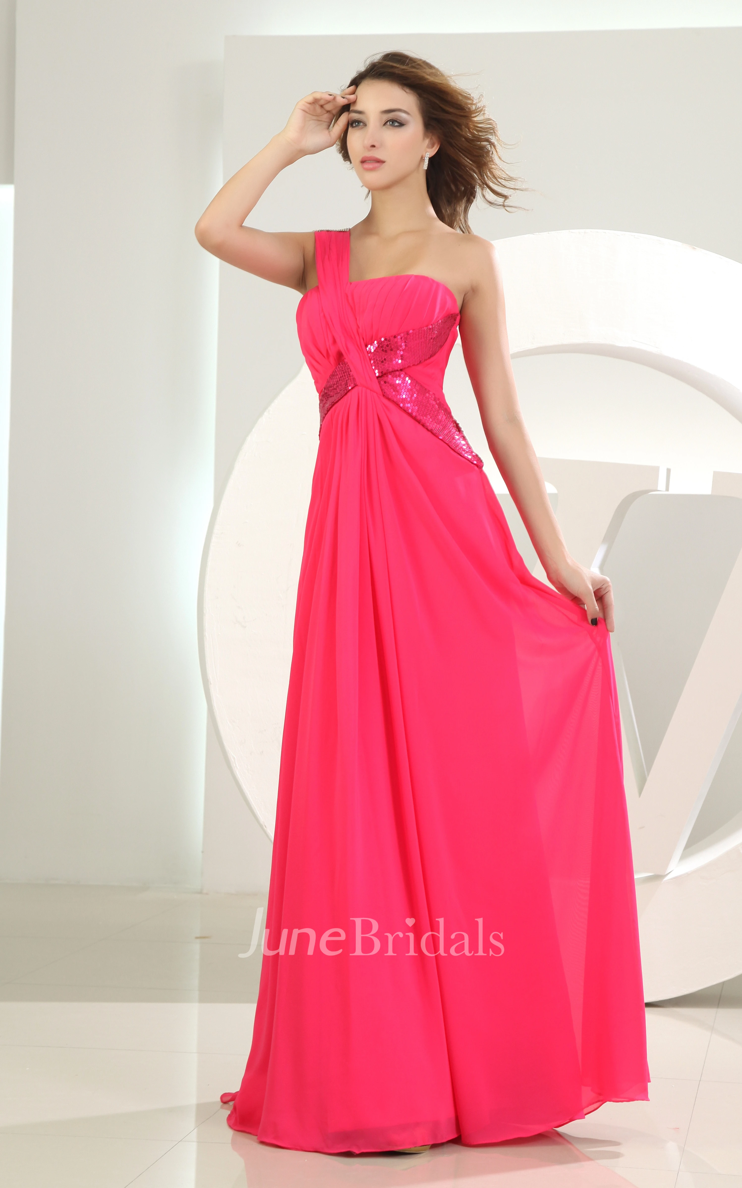 Sleeveless Chiffon Floor-Length Dress With Sequins and Single Strap