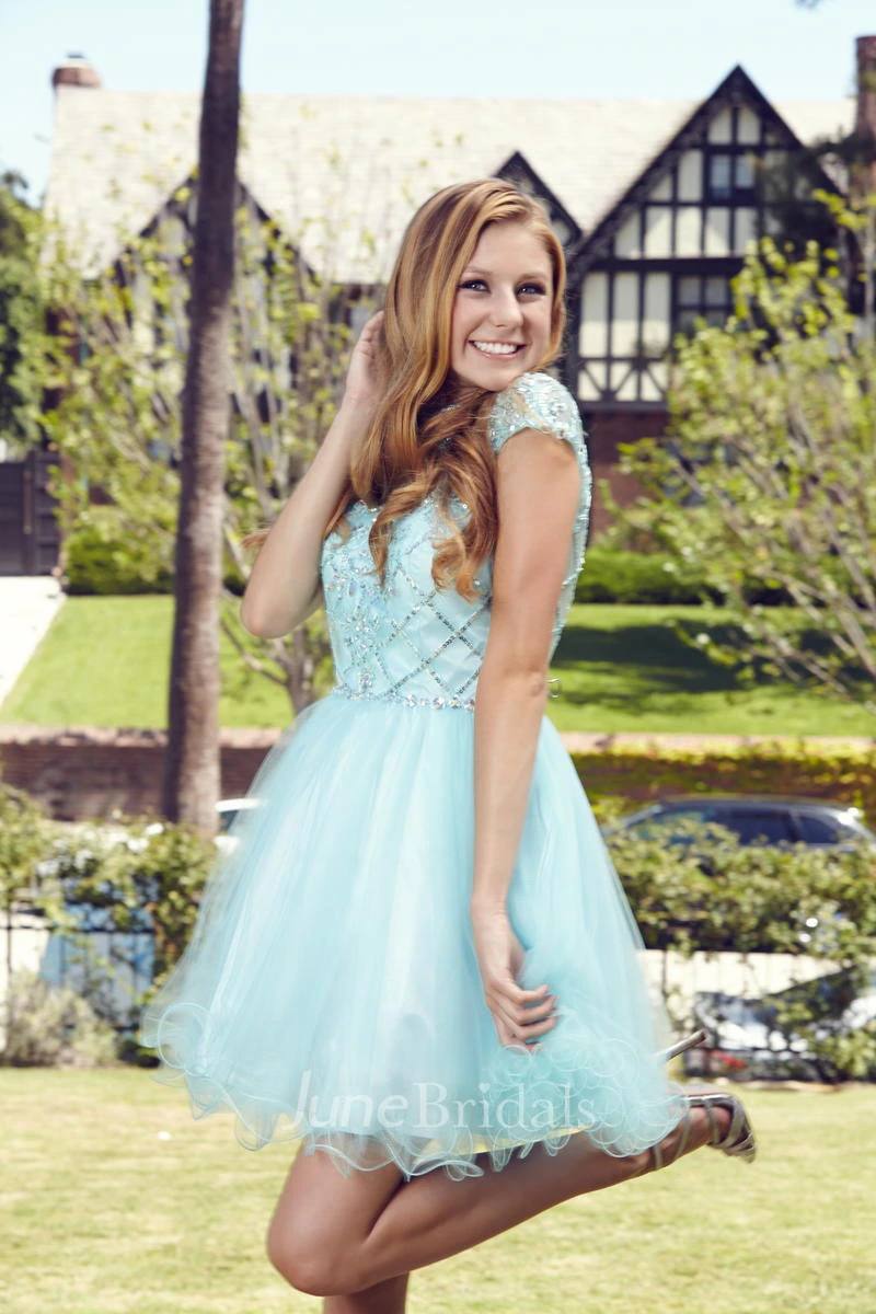 A-Line Short Jewel-Neck Sleeveless Tulle Satin Dress With Beading