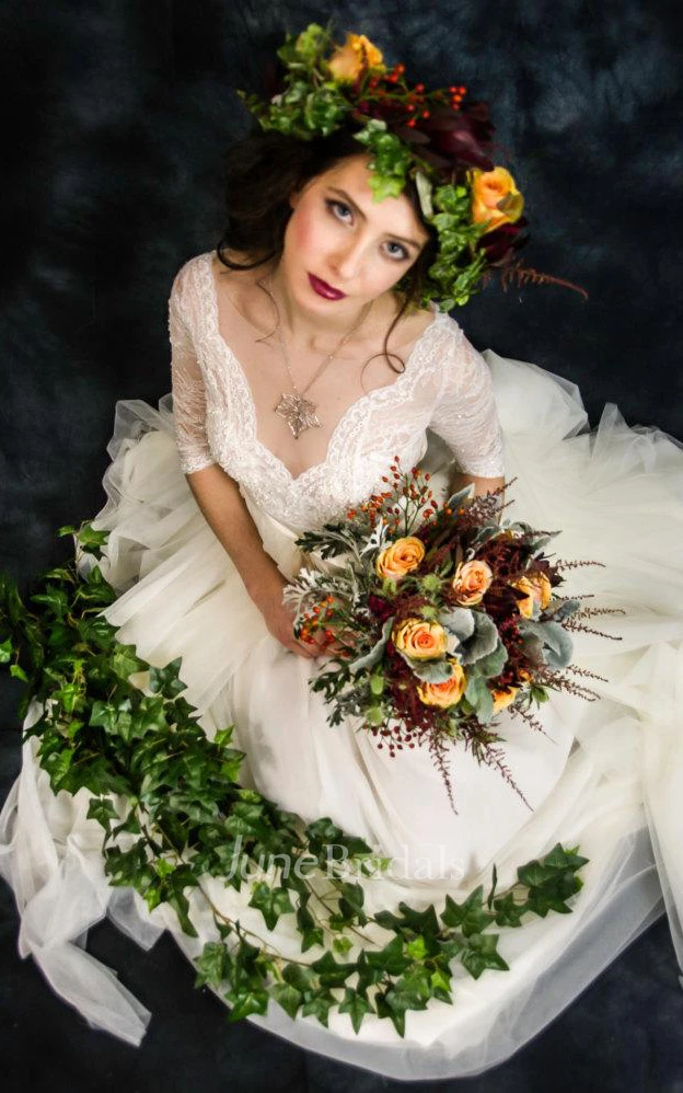 Vintage Tulle Lace V-Neck Half Sleeve Dress With Bow Draping