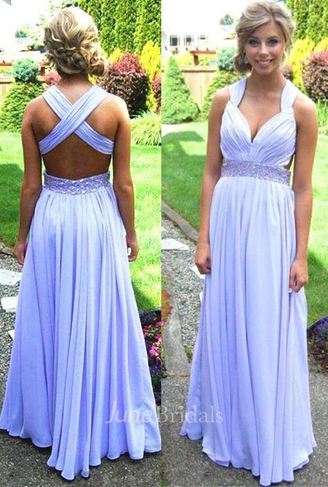 Elegant Criss-cross Long Chiffon Prom Dresses With Beadings Bridesmaid Dresses