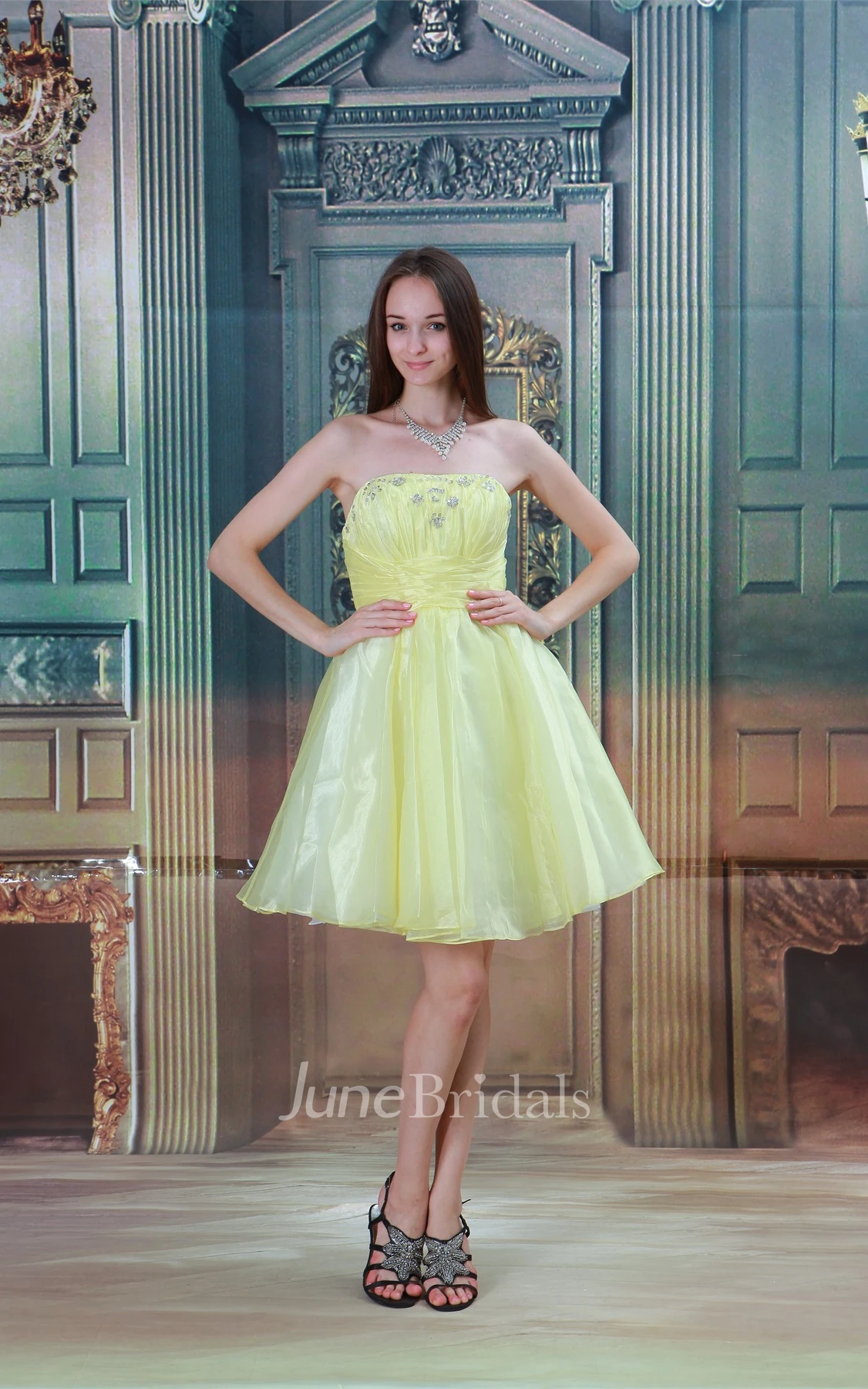 Strapless Midi A-Line Dress with Pleats and Beading