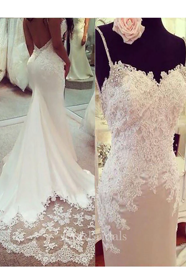 Trumpet Applique Spaghetti Straps Sleeveless Court Train Wedding Dresses